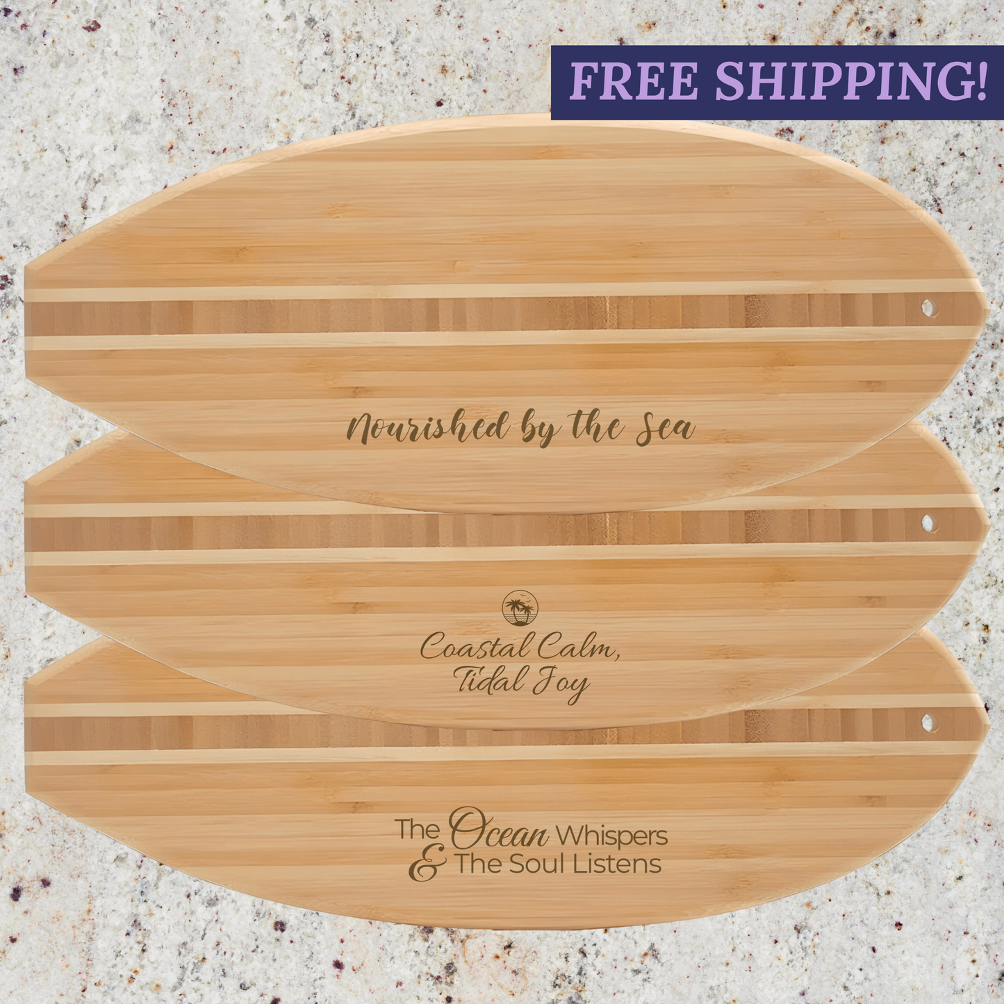 The Ocean Whispers & The Soul Listens Bamboo Surfboard Cutting Board
