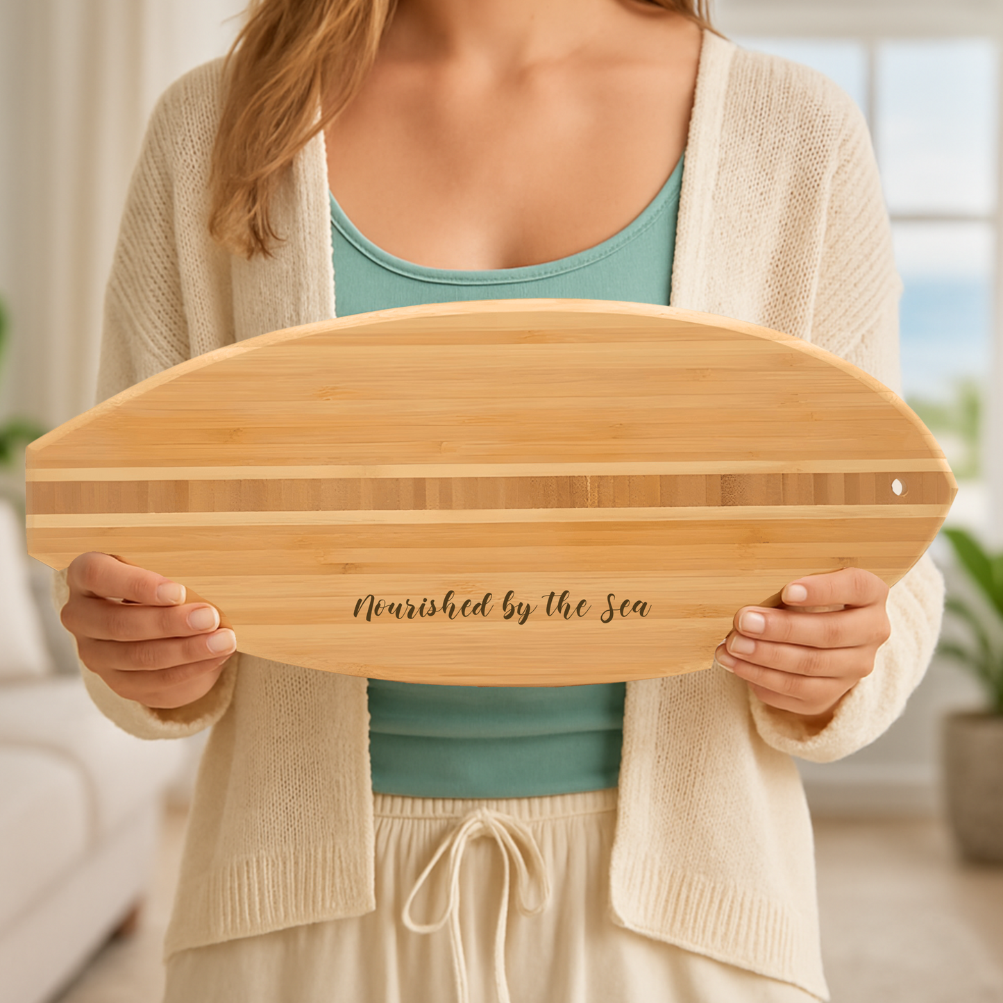 The Ocean Whispers & The Soul Listens Bamboo Surfboard Cutting Board