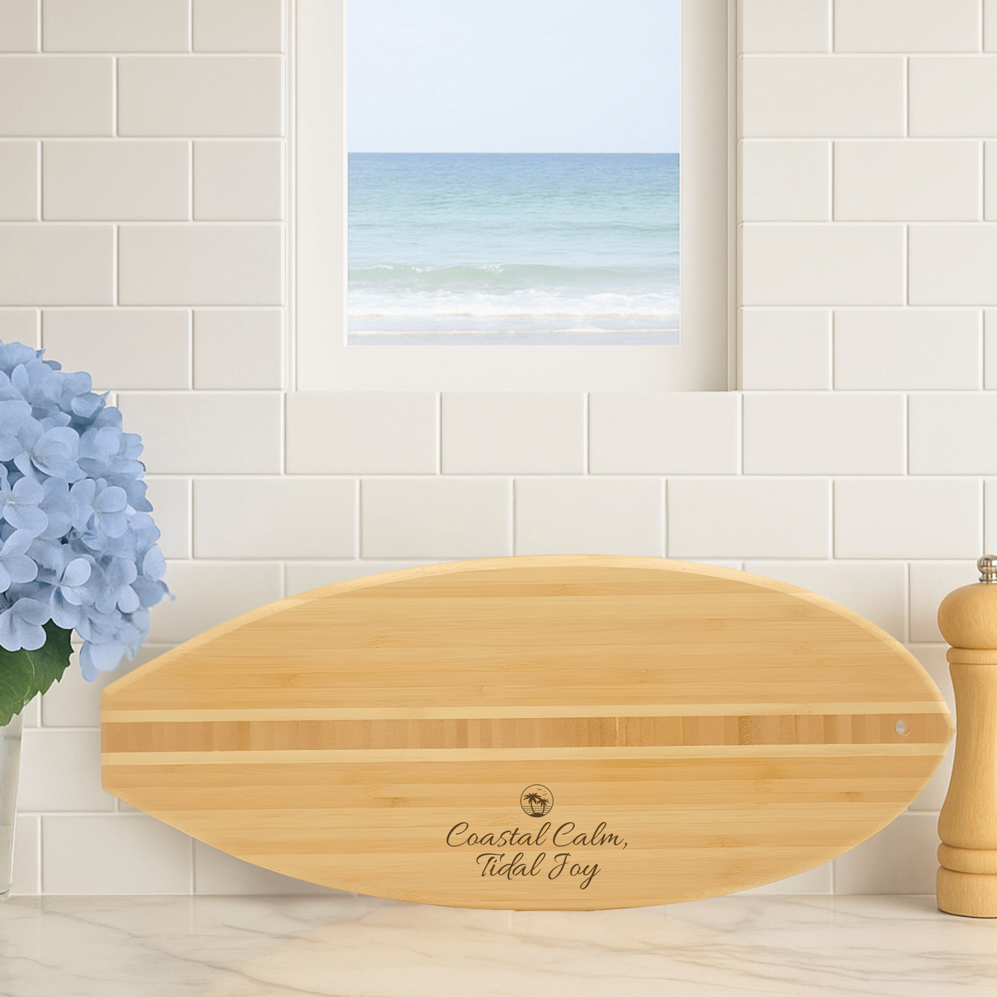 The Ocean Whispers & The Soul Listens Bamboo Surfboard Cutting Board