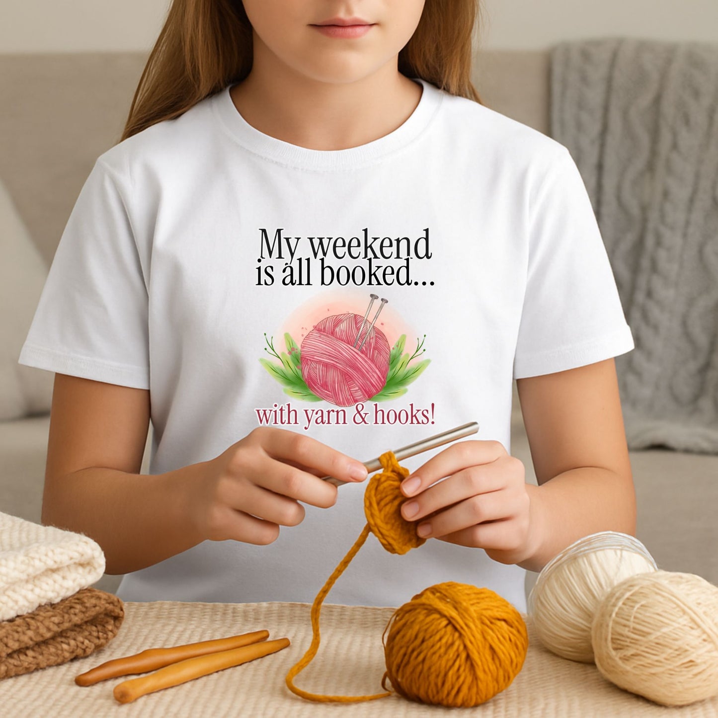 Kids Yarn Lover Tee - "My Weekend is All Booked... with Yarn & Hooks!"