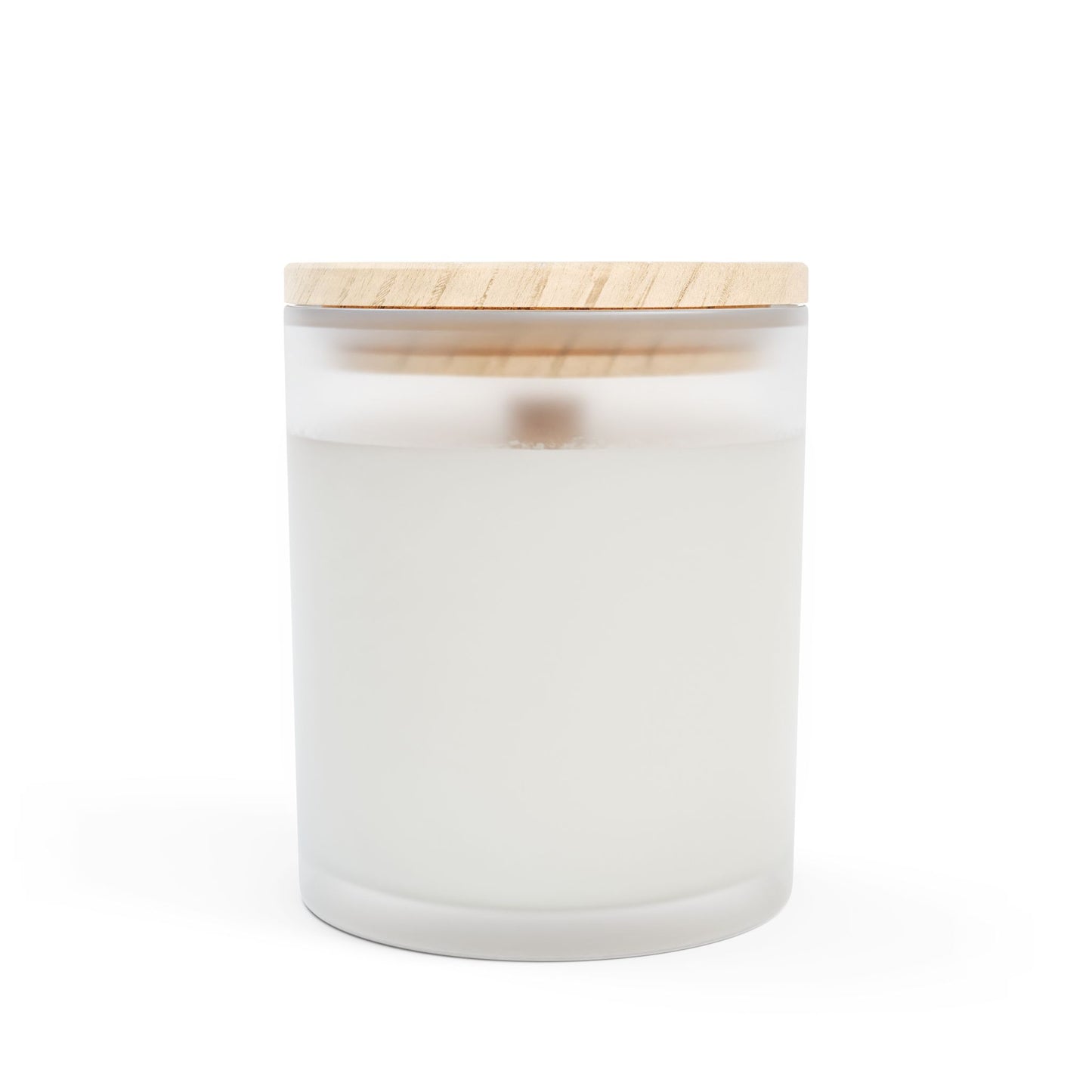 Back view of frosted glass candle with wooden lid. This funny candle makes a great gift for women.