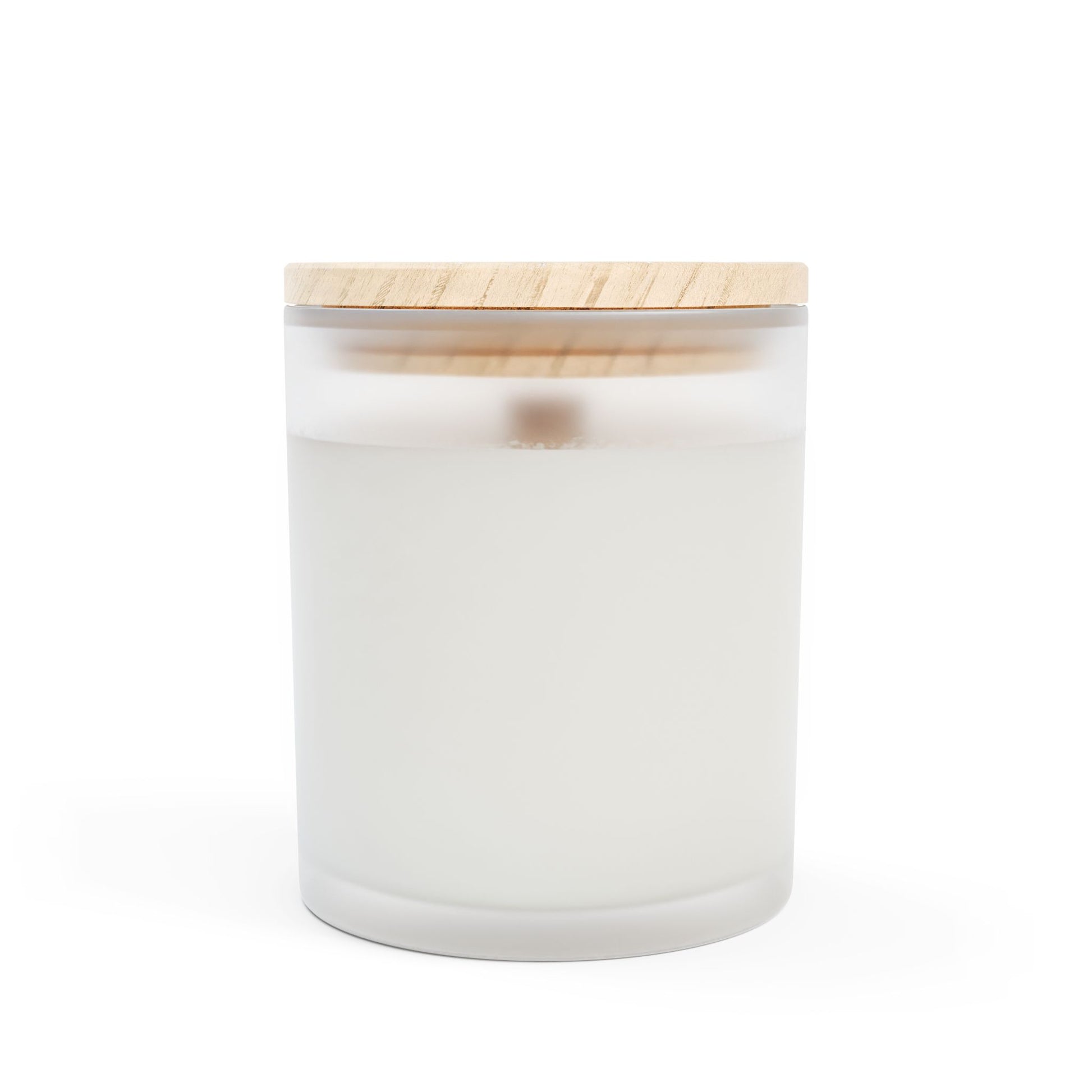 Back view of frosted glass candle with wooden lid. This funny candle makes a great gift for women.