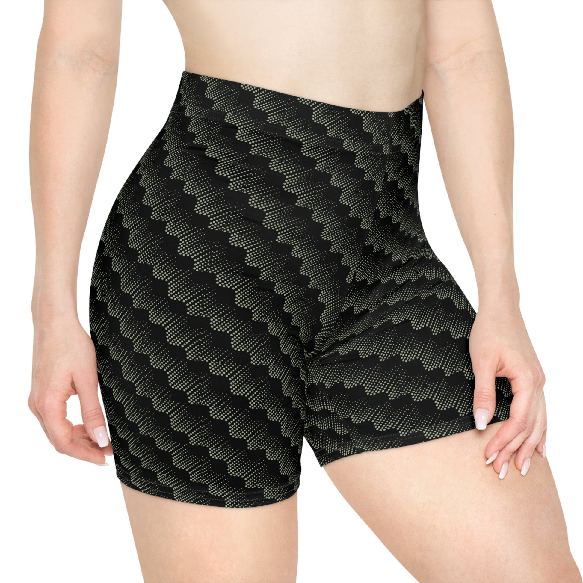 Black with abstract sage pattern athletic shorts modeled by female with white background. These biker shorts make great gifts for women who love comfortable, stylish activewear.