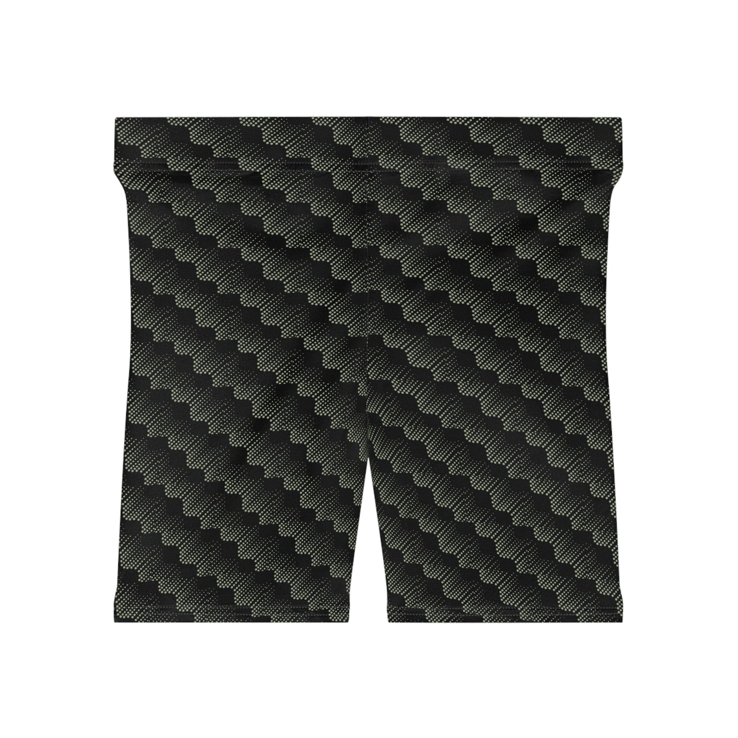 Black with abstract sage pattern athletic shorts lying flat on white background. These biker shorts make great gifts for women who love comfortable, stylish activewear.