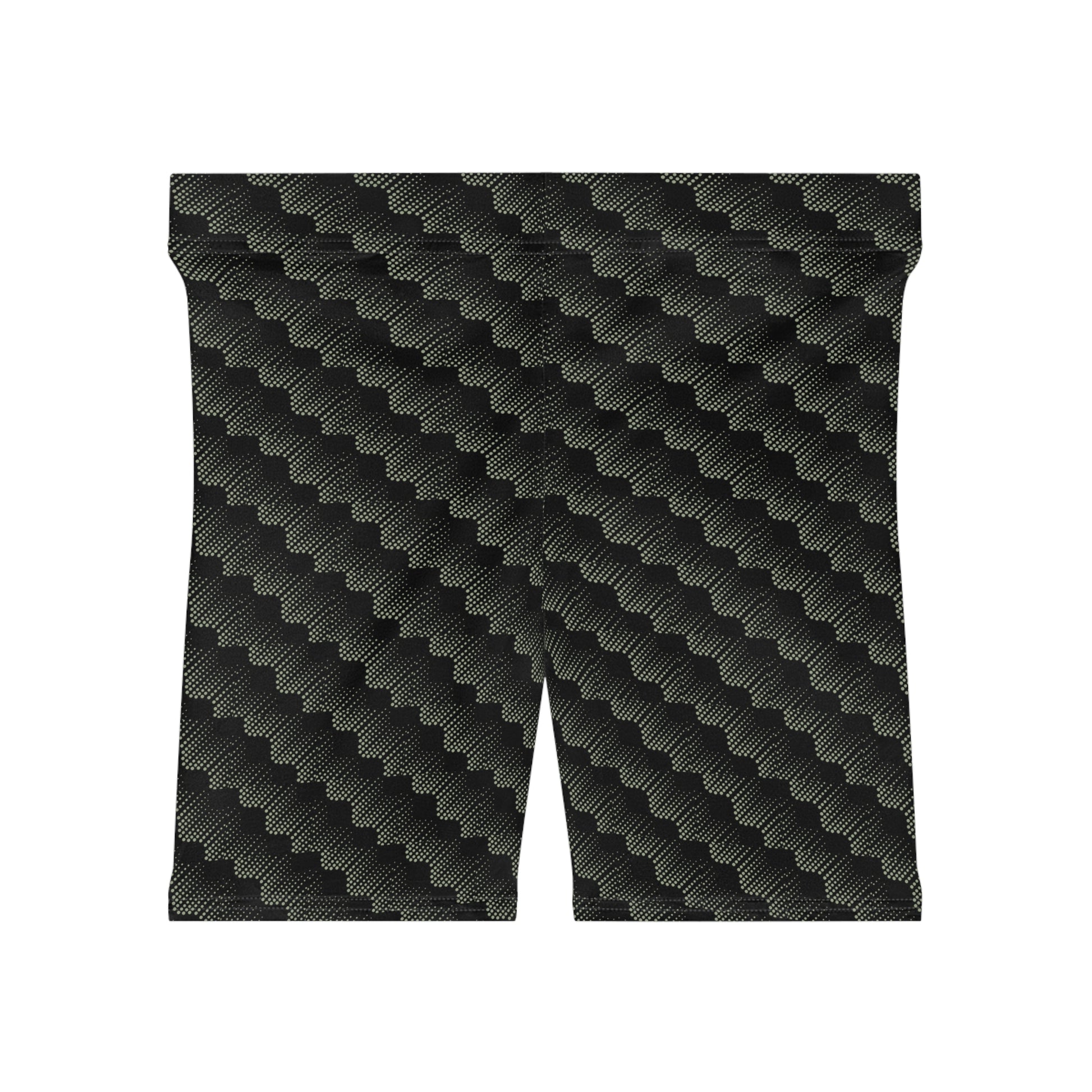 Black with abstract sage pattern athletic shorts lying flat on white background. These biker shorts make great gifts for women who love comfortable, stylish activewear.