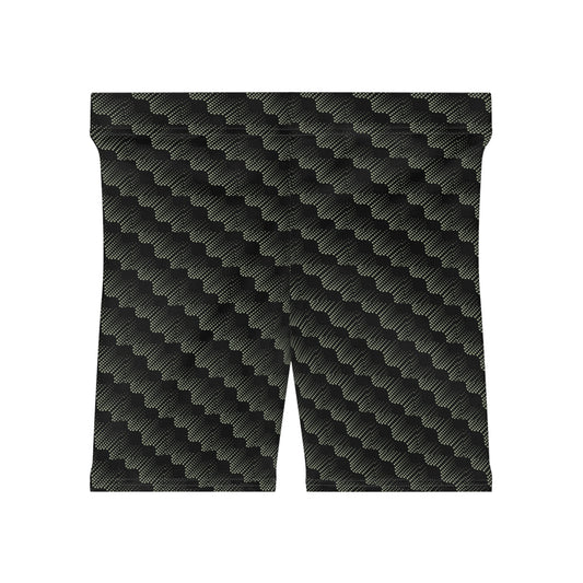 Black with abstract sage pattern athletic shorts lying flat on white background. These biker shorts make great gifts for women who love comfortable, stylish activewear.