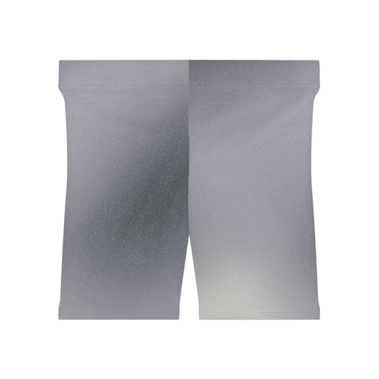 Front view of high-waisted gray ombre shorts, blending from dark to light gray. These shorts are perfect to be worn under rugby shorts and as gifts for women who love comfortable, stylish activewear.