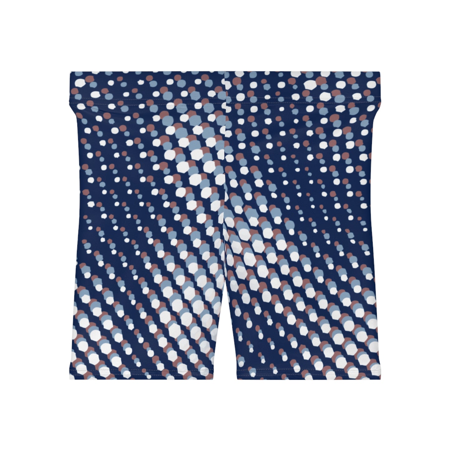 Dark blue biker shorts with a white circular pattern against a white background. These biker shorts make great gifts for women who love stylish casual wear.