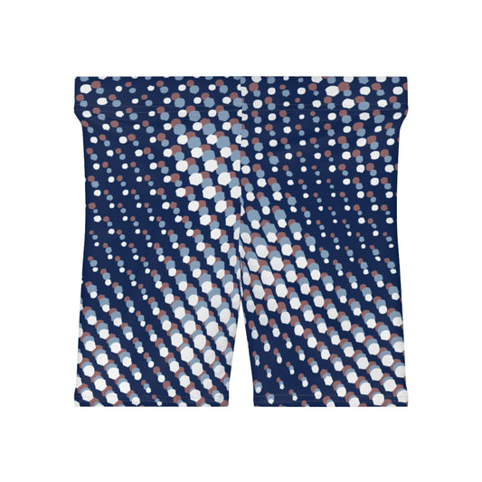 Dark blue biker shorts with a white circular pattern against a white background. These biker shorts make great gifts for women who love stylish casual wear.
