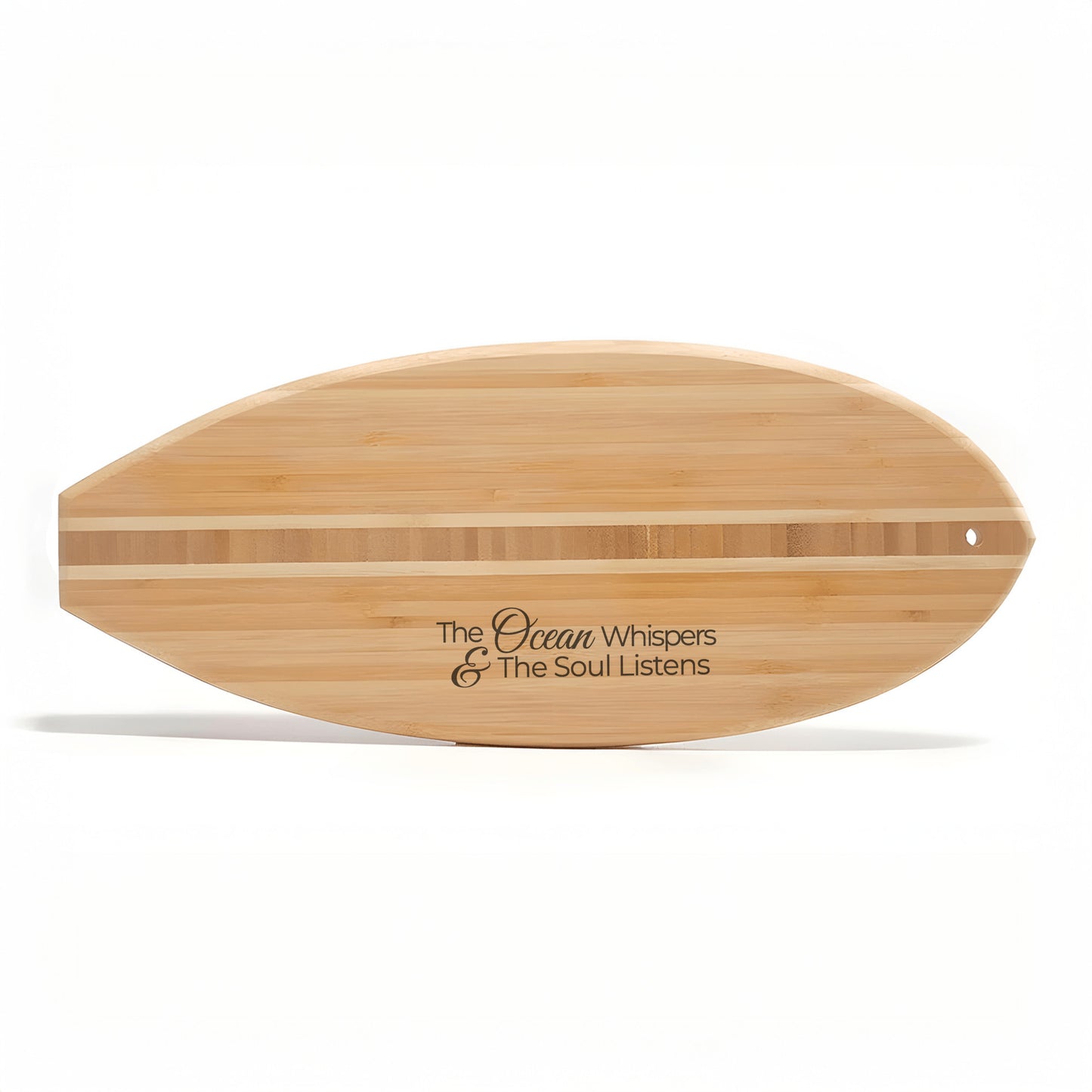 The Ocean Whispers & The Soul Listens Bamboo Surfboard Cutting Board