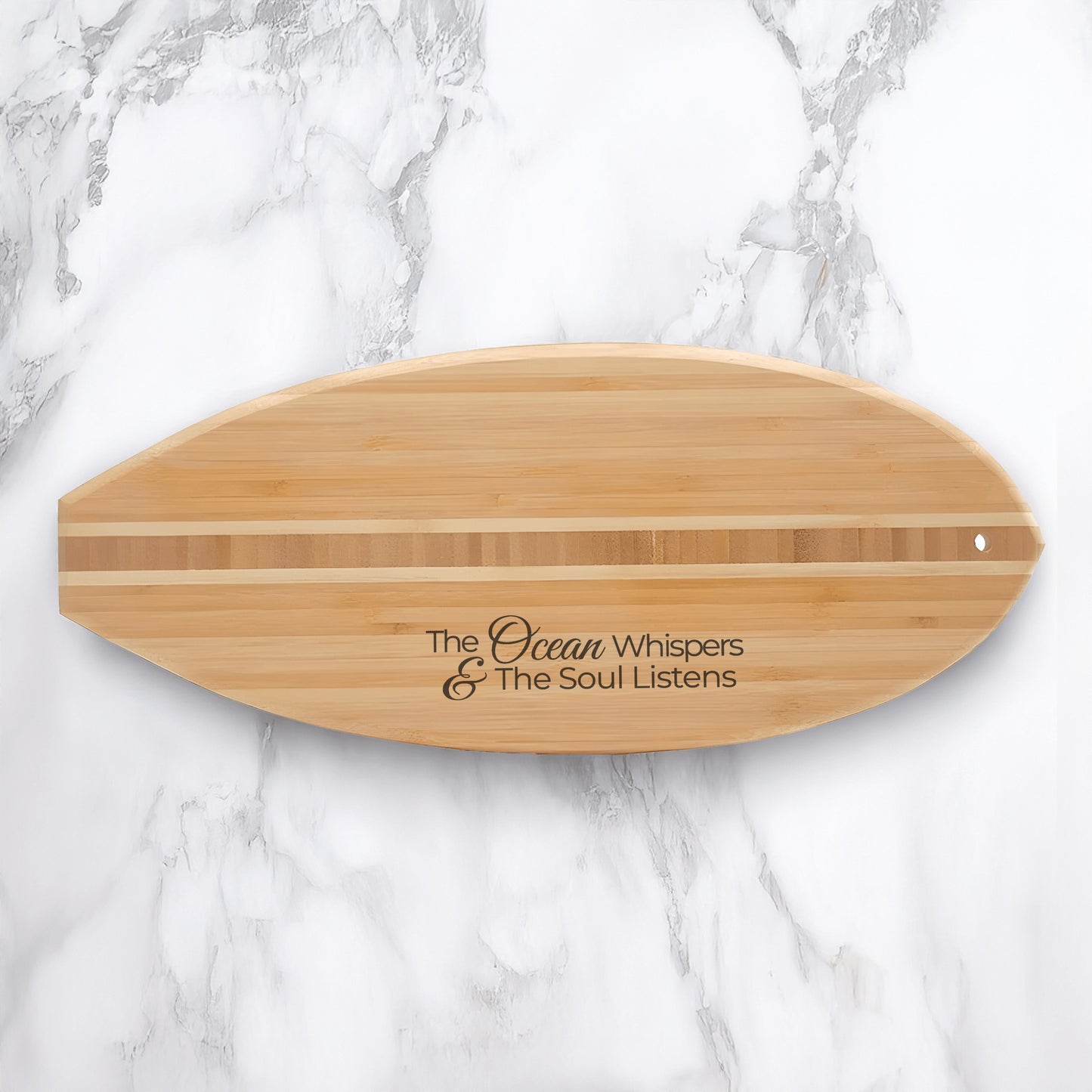 The Ocean Whispers & The Soul Listens Bamboo Surfboard Cutting Board