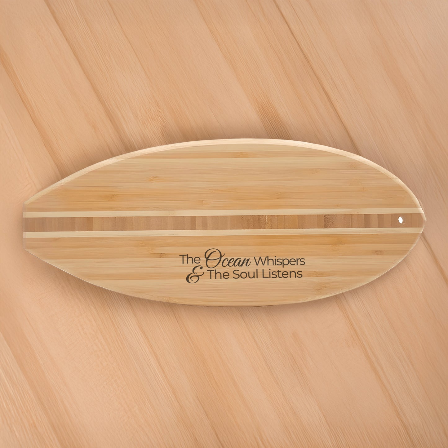 The Ocean Whispers & The Soul Listens Bamboo Surfboard Cutting Board