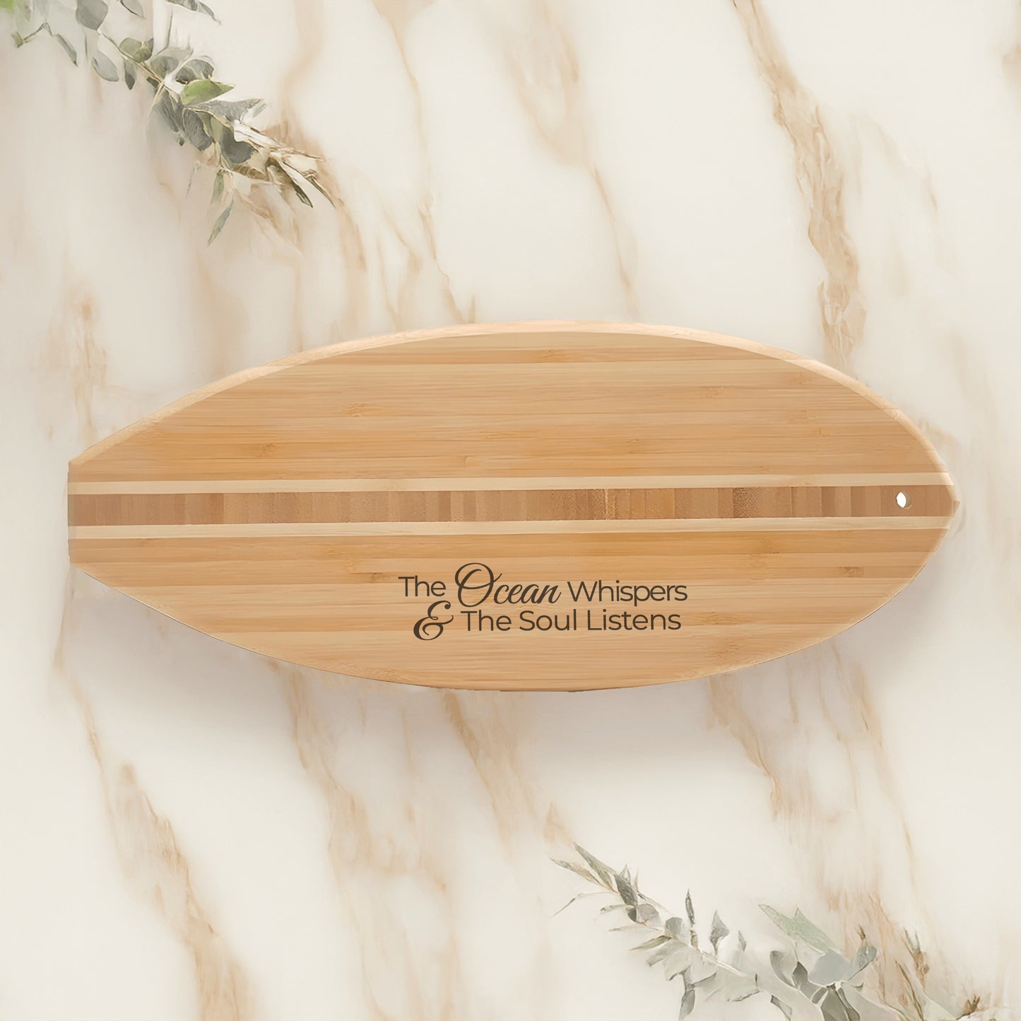 The Ocean Whispers & The Soul Listens Bamboo Surfboard Cutting Board