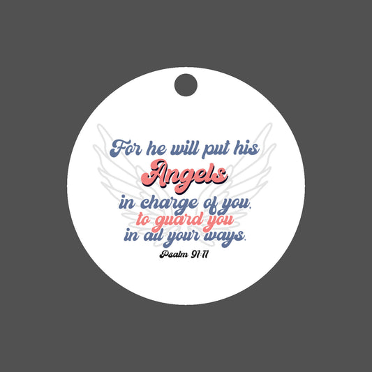 Against a gray background, a round white car mirror hanging accessory ornament with the Bible verse Psalm 91:11, featuring angel wings. The text, in blue and red, conveys protection and guardianship. Makes a great gift for women, men, teenagers, and anyone who drives a lot in their work.